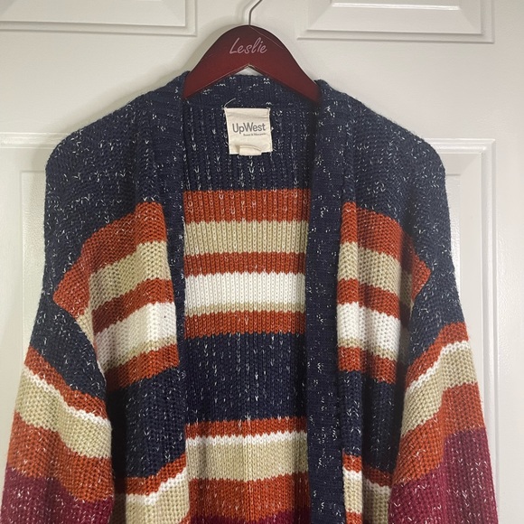 Upwest knitted multi color striped open front sweater cardigan. - Picture 5 of 9